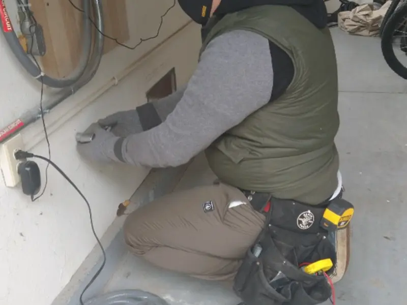 Electrician performing outlet wiring in a Central garage